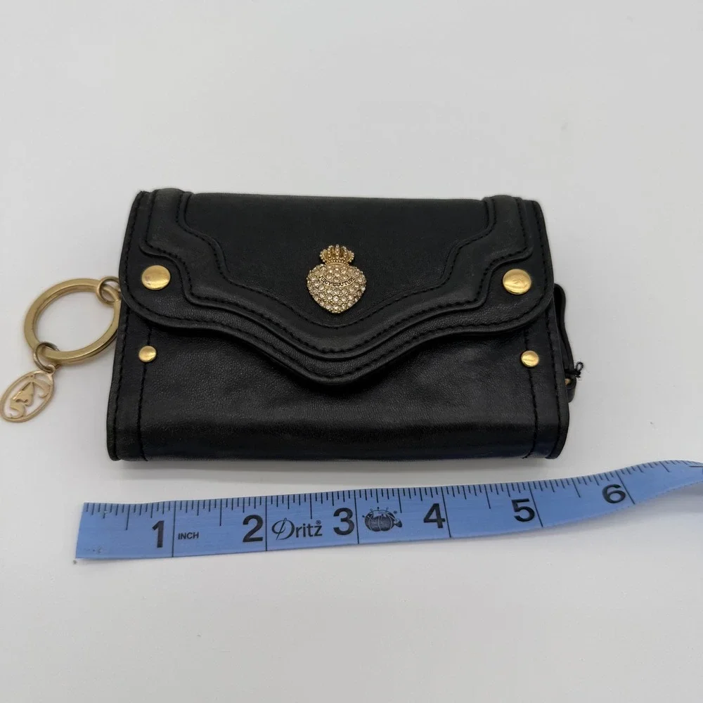 Juicy Couture McBling Y2K Black Leather Rhinestone Crown Heart Key Ring Wallet